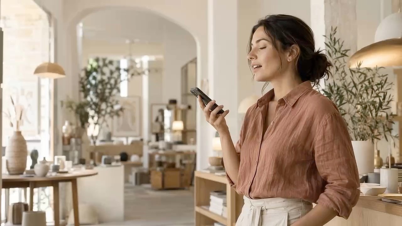 Illustrative scene: a woman speaking into her phone in a bright design studio